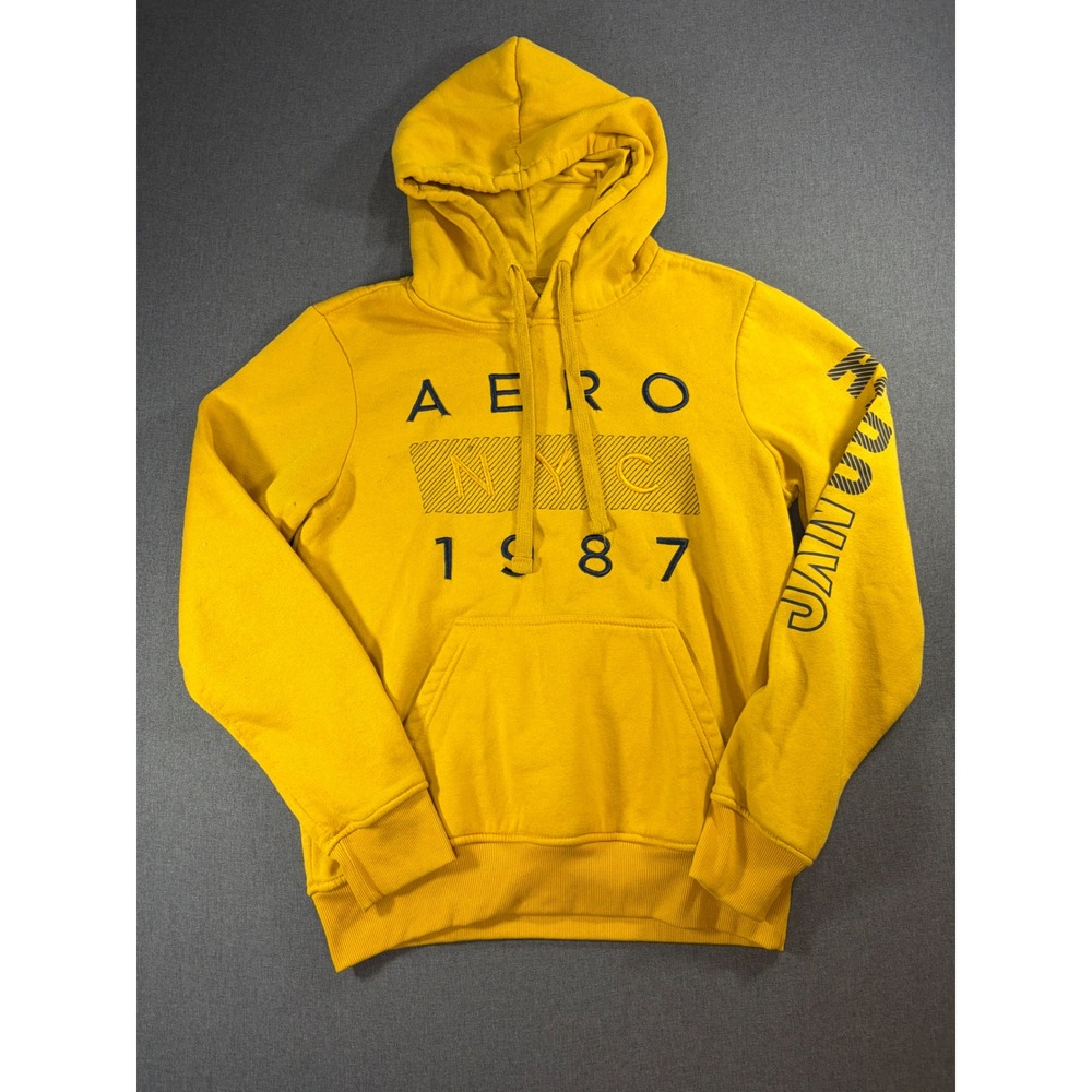Aeropostale Mens Yellow AERO NYC 1987 Graphic Fleece Pullover Hoodie Size M